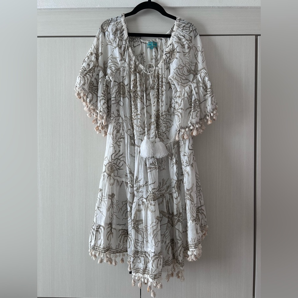 White and Tan Bell Sleeve Mini Sundress